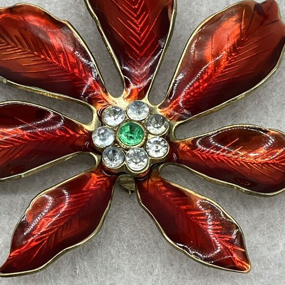 Vtg. Red Poinsettia Flower Brooch Sparklecore Statement MCM - Picture 2 of 7